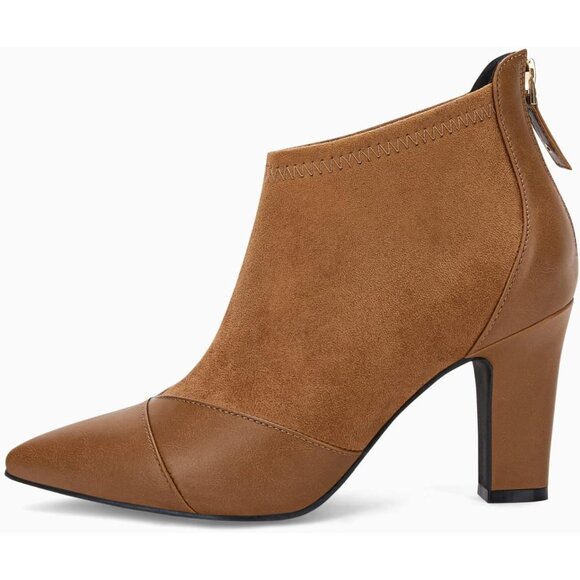 Women's Brown Dress Boots Pointed Toe Stiletto High Heel Splicing Booties - Picture 4 of 6